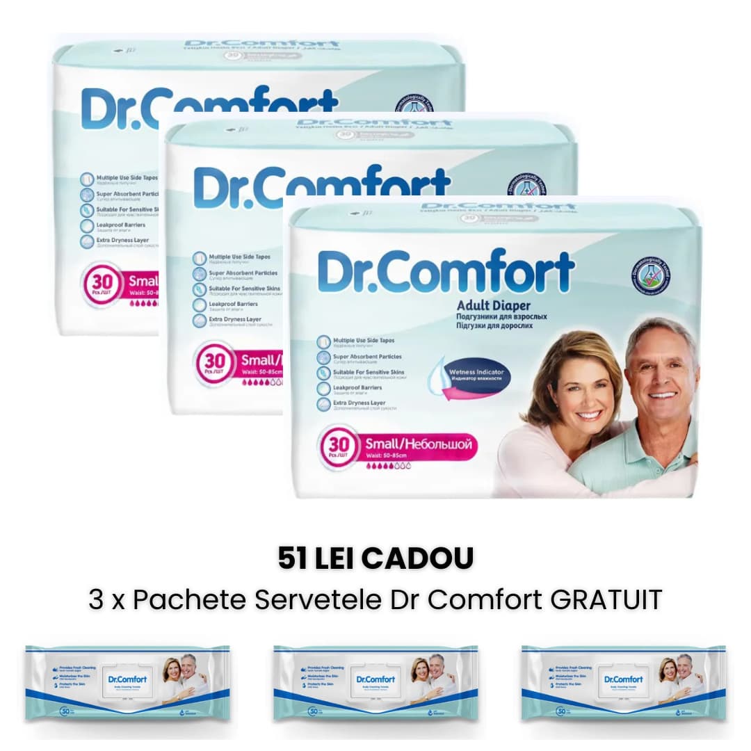 🎁 3 pachete x Scutece Adulti Dr. Comfort Small + CADOU 3 pachete servetele Dr. Comfort 2 Dr Comfort Scutece Adulti marimea S small 3 pack