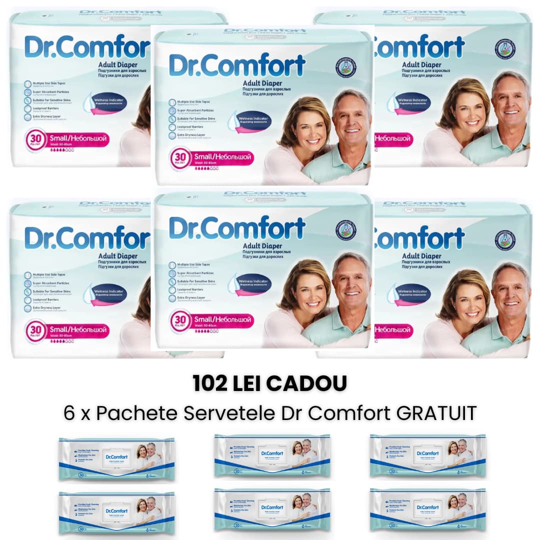 🎁 6 pachete x Scutece Adulti Dr. Comfort Small + CADOU 6 pachete servetele Dr. Comfort 3 Dr Comfort Scutece Adulti marimea S small 6 pack